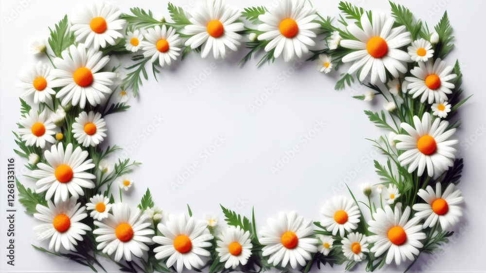 Fototapeta premium Blumiger Rahmen aus weißen Gänseblümchen mit grünen Blättern auf weißem Hintergrund, ideal für Grußkarten oder Frühlingsdesigns mit viel Platz für Text. Generative KI