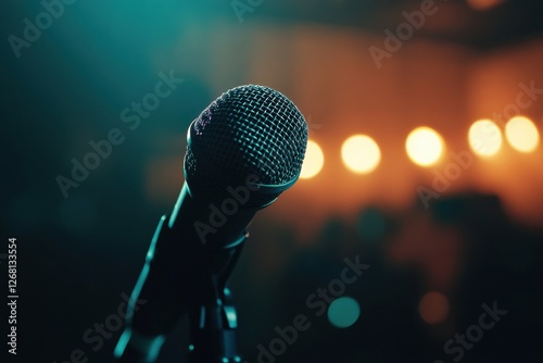 Brightly lit microphone ready for a performance in an intimate venue during evening hours. Generative AI