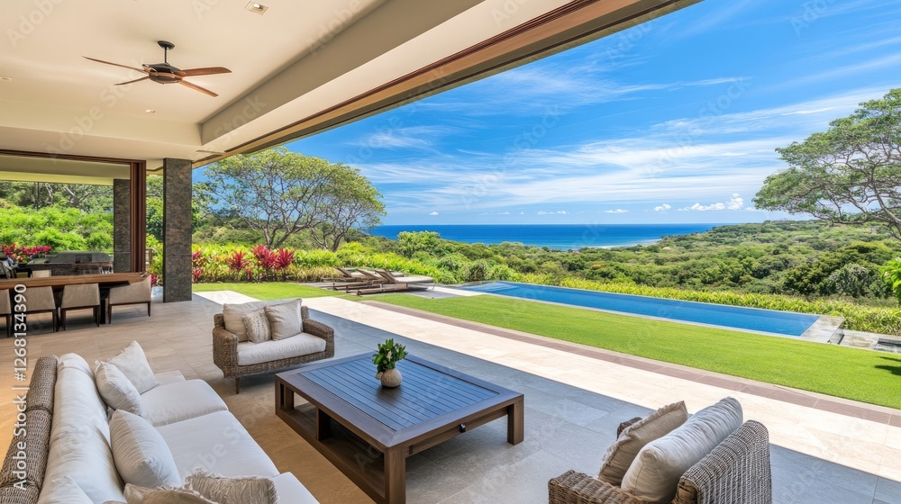 Fototapeta premium Ocean view luxury patio with pool and seating.