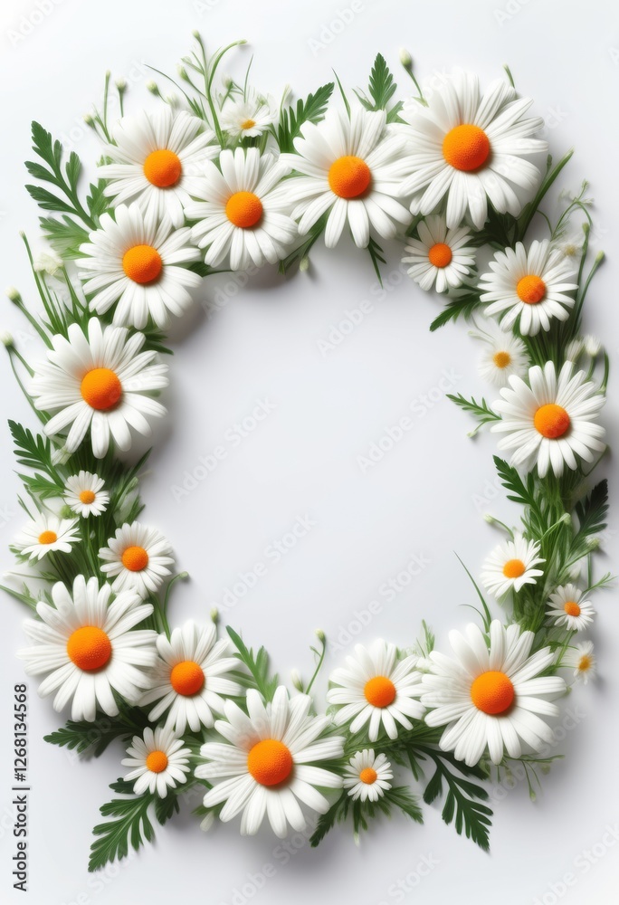 Obraz premium Blumiger Rahmen aus weißen Gänseblümchen mit grünen Blättern auf weißem Hintergrund, ideal für Grußkarten oder Frühlingsdesigns mit viel Platz für Text. Generative KI