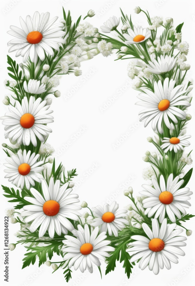 Blumiger Rahmen aus weißen Gänseblümchen mit grünen Blättern auf weißem Hintergrund, ideal für Grußkarten oder Frühlingsdesigns mit viel Platz für Text. Generative KI Blumiger Rahmen aus weißen Gänseblümchen mit grünen Blättern auf weißem Hintergrund, ideal für Grußkarten oder Frühlingsdesigns mit viel Platz für Text. Generative KI