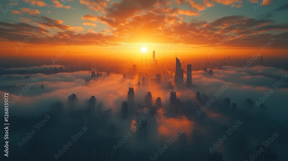 Fototapeta premium Aerial view of a city covered in morning fog, magical sunrise