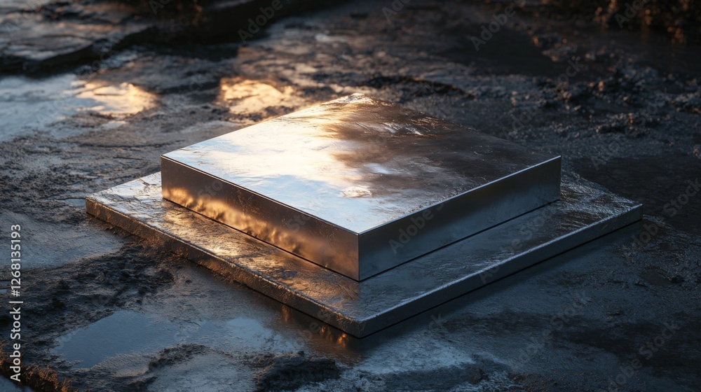 Stacked Metallic Blocks Reflecting Light on Wet Rough Surface Abstract Design Stacked Metallic Blocks Reflecting Light on Wet Rough Surface Abstract Design