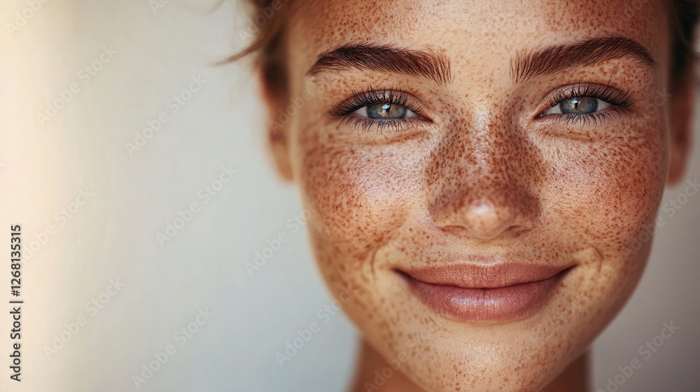 Fototapeta premium Close-up of a young woman with freckles and a bright smile, showcasing confidence and natural beauty, symbolizing joy, positivity, and self-assurance.