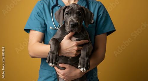 Veterinarian Holding a Gray Great Dane Puppy - A close-up image of a veterinarian holding a gray Great Dane puppy in her arms.