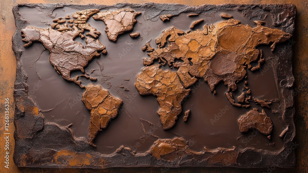 Fototapeta premium Chocolate world map, delicious cocoa textures, glossy finish