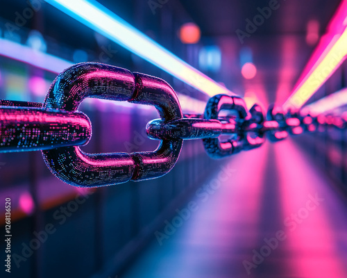 Close-up of glowing digital chain links in a futuristic neon setting, symbolizing connection, technology, and the digital world with a cyberpunk-inspired atmosphere. photo