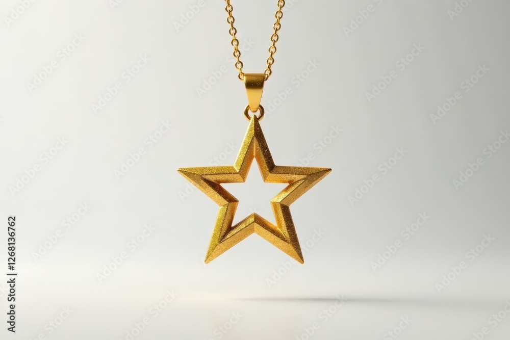 Glittering gold star necklace suspended in mid-air against a crisp white background, jewelry, adorn , elegance Glittering gold star necklace suspended in mid-air against a crisp white background, jewelry, adorn , elegance