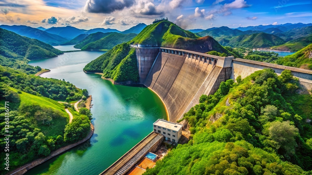 Obraz premium Aerial View Concrete Dam Thong Pha Phum Kanchanaburi Thailand - Stunning Landscape Stock Photo