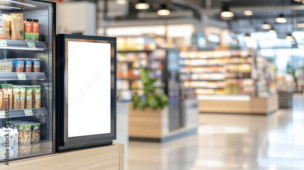 End Cap Display Mockup Blur: A blurred supermarket end cap display featuring a blank advertising mockup for highlighting featured products, set in a modern retail ambiance. End Cap Display Mockup Blur: A blurred supermarket end cap display featuring a blank advertising mockup for highlighting featured products, set in a modern retail ambiance.
