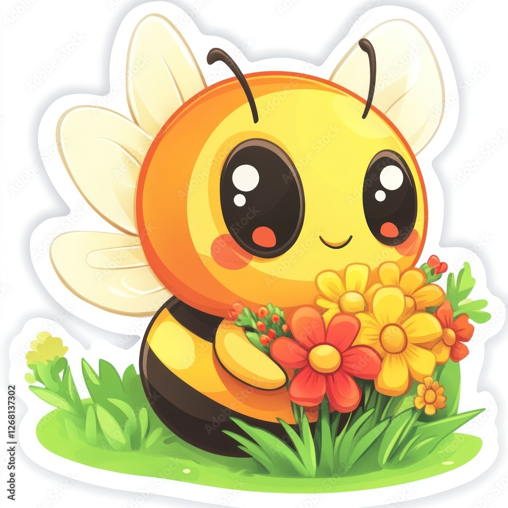 Naklejka premium Cute bee holding flowers in meadow, spring