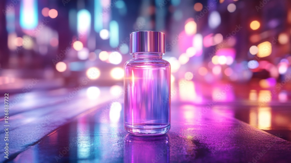 Close Up of a Glass Bottle on a Wet Street with Neon Lights at Night Close Up of a Glass Bottle on a Wet Street with Neon Lights at Night