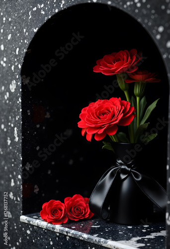 Elegant Red Roses with black ribbon in a Black Vase Symbolizing Remembrance Against a Dark Granite Background