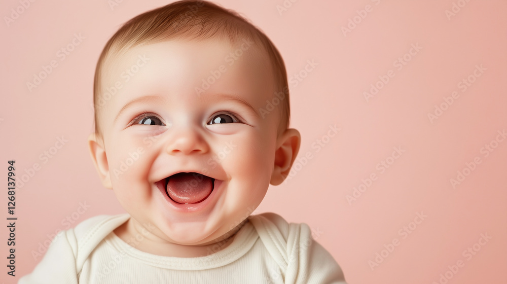 A close-up of an adorable baby with bright, sparkling eyes and a wide, joyful smile, chubby cheeks making the baby look extra cute, dressed in a soft onesie, against a gentle, past A close-up of an adorable baby with bright, sparkling eyes and a wide, joyful smile, chubby cheeks making the baby look extra cute, dressed in a soft onesie, against a gentle, past