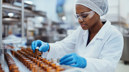 An African American female pharmacist diligently inspecting vials on the production line in a pharmaceutical factory, taking an active role in pharmaceutical quality control by ens