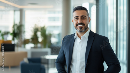 A confident Jordanian businessman in a sleek suit, standing in his modern office while discussing strategic plans with colleagues, showcasing leadership and entrepreneurial vision