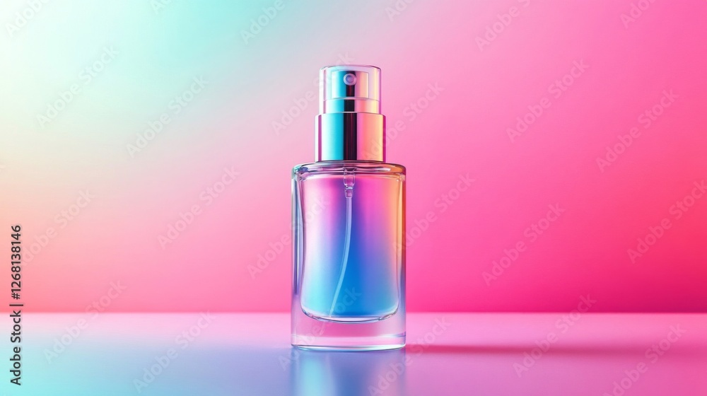 Elegant Perfume Bottle Shimmers Under Gradient Lights on a Soft Pink Background Elegant Perfume Bottle Shimmers Under Gradient Lights on a Soft Pink Background