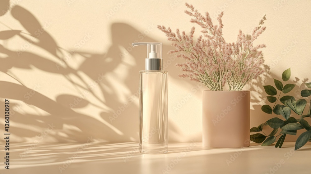 Elegant Clear Bottle with Silver Pump Head Next to Pink Flowers on Beige Surface Elegant Clear Bottle with Silver Pump Head Next to Pink Flowers on Beige Surface