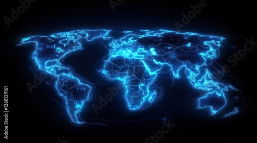 Digital holographic world map, glowing blue neon lines
