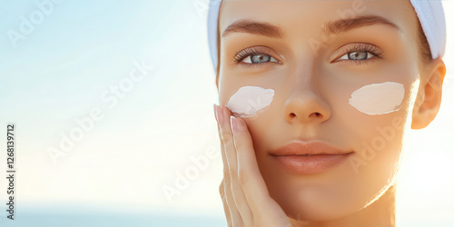 Young woman on a sunny beach Applying sunscreen cream to the face skin. Protection against ultraviolet oncogenic radiation photo