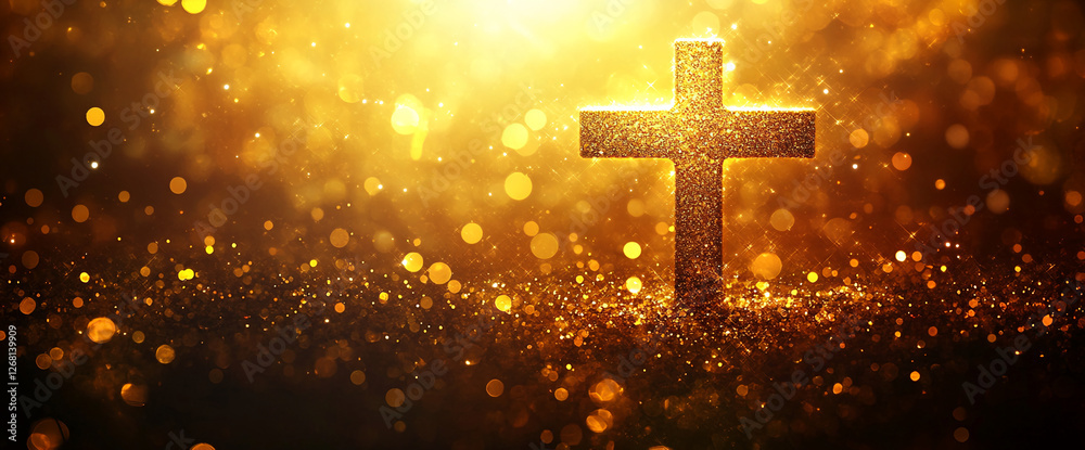 Golden glitter cross shining amidst sparkling lights, symbolizing faith and spirituality, with a blurred bokeh effect representing divinity, hope, and purity. Golden glitter cross shining amidst sparkling lights, symbolizing faith and spirituality, with a blurred bokeh effect representing divinity, hope, and purity.
