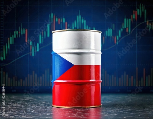 Oil barrel with Czech flag design in front of financial chart background photo