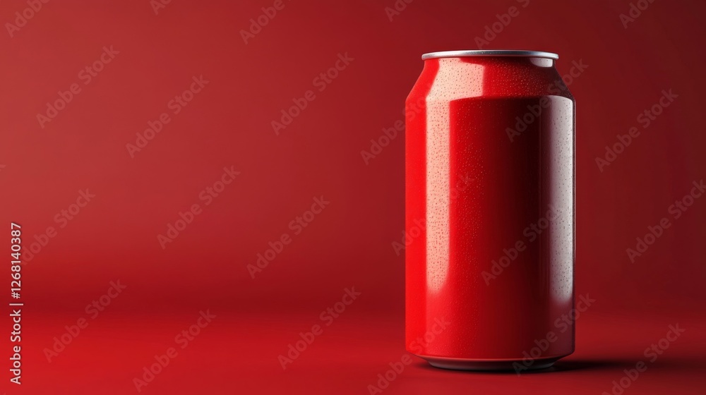 Vibrant Red Aluminum Can with Water Droplets on Matching Background Refreshment Vibrant Red Aluminum Can with Water Droplets on Matching Background Refreshment