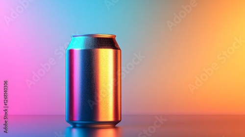 Aluminum Can Covered in Water Droplets with Colorful Gradient Background