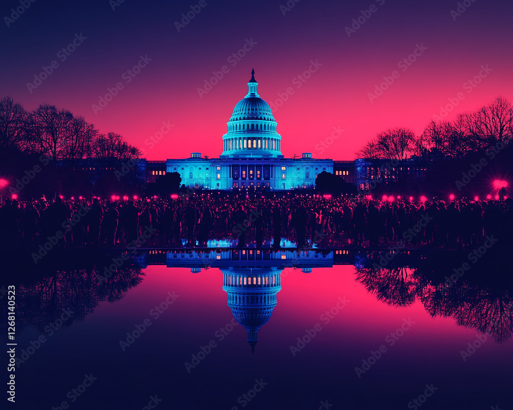 Obraz premium The U.S. Capitol building illuminated by colorful lights at sunset with a crowd in front. This image captures the power of democracy, unity, and political gatherings in a vibrant atmosphere.