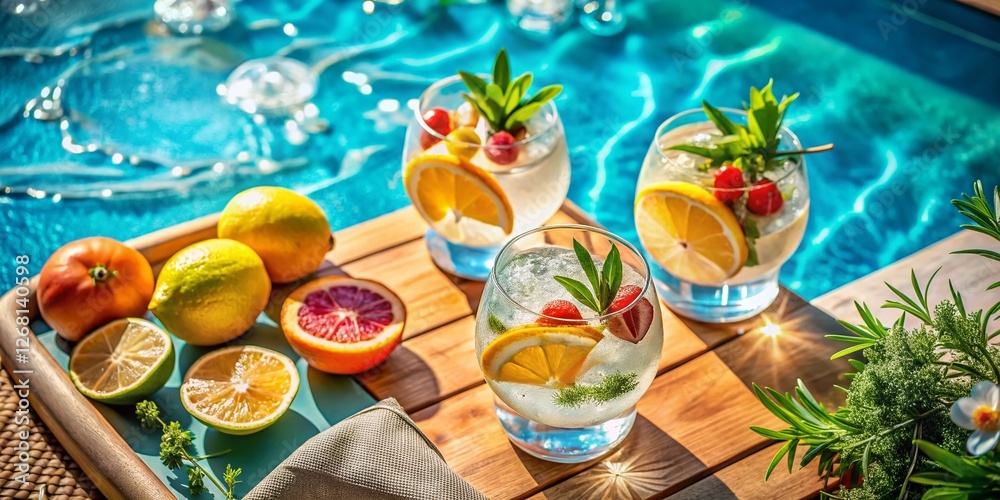 Aerial View of Refreshing Gin & Tonic Cocktails by Poolside Aerial View of Refreshing Gin & Tonic Cocktails by Poolside
