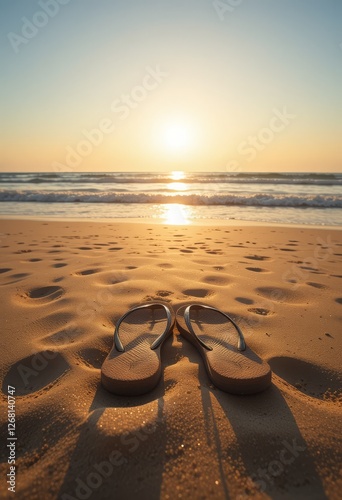 Close-up of flip-flops resting in the sand, with footprints leading towards the horizon and the bright blue sky above Generative AI