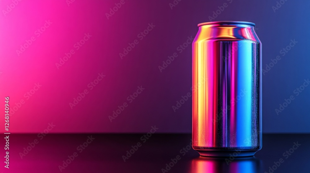 Aluminum Soda Can With Water Droplets Under Pink and Blue Studio Lighting