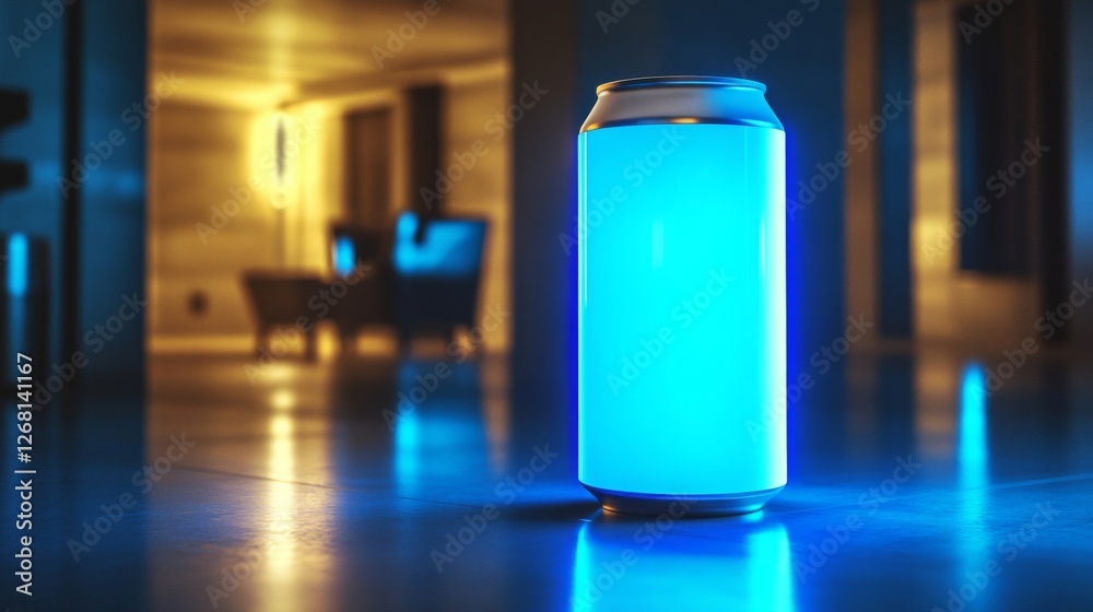 Illuminated Blue Beverage Can Stands Vertically in Room with Blurred Background and Glow Effect Illuminated Blue Beverage Can Stands Vertically in Room with Blurred Background and Glow Effect