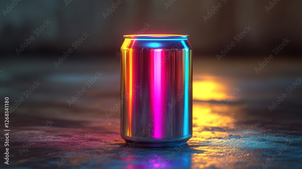 Neon Illuminated Aluminum Soda Can on Wet Reflective Surface with Dark Backdrop Neon Illuminated Aluminum Soda Can on Wet Reflective Surface with Dark Backdrop