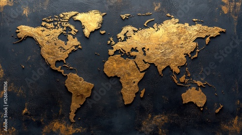 Golden embossed world map on a dark matte surface, premium aesthetic