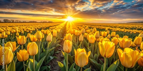 Aerial View of Vibrant Yellow Tulip Field at Golden Hour