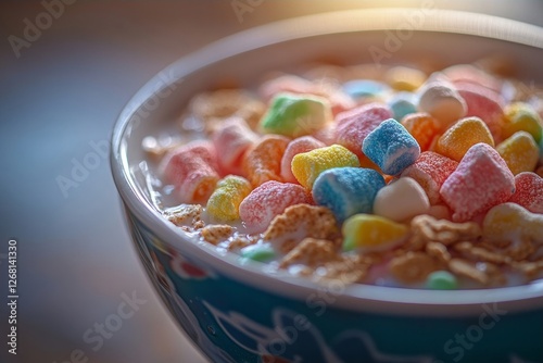 A detailed image capturing a close-up of colorful, miniature marshmallows sitting atop a bowl of breakfast cereal photo