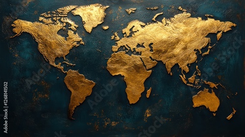 Gold foil world map on textured watercolor paper, luxury aesthetic