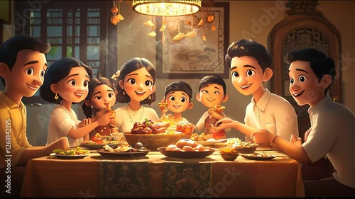 Animated family dinner, cherishing moments, gathering around the table