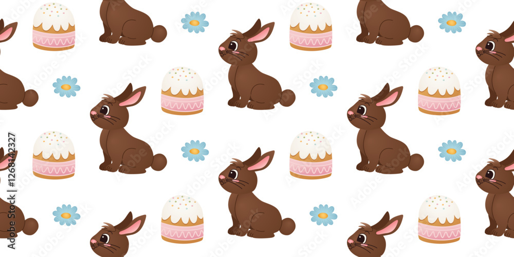 Obraz premium Seamless pattern with chocolate brown rabbits, Easter cakes, blue flowers on white background. Cute kids holiday design for wallpaper, textile, and wrapping paper.