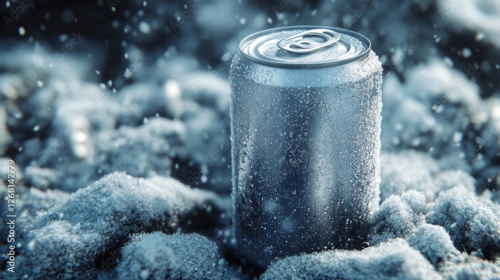 Chilled Silver Soda Can Covered in Ice Crystals on Snowy Textured Background Chilled Silver Soda Can Covered in Ice Crystals on Snowy Textured Background