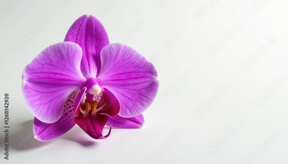 Dark vanilla bean & vibrant orchid blossom, pure white setting, ingredient, macro, closeup Dark vanilla bean & vibrant orchid blossom, pure white setting, ingredient, macro, closeup