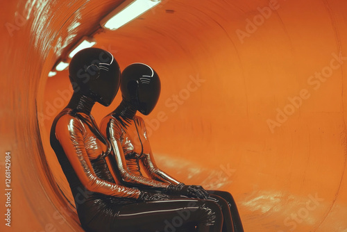 Surreal image of a couple in futuristic silver attire sitting in an orange slide, depicting a modern, abstract concept