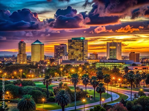 Anaheim California City Skyline Silhouette at Night - Dramatic Cityscape Stock Photo