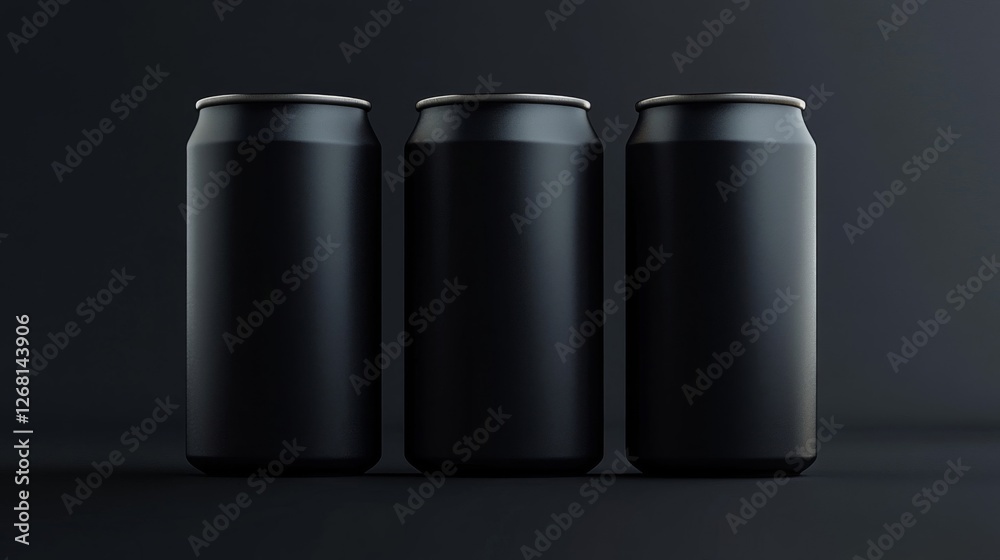 Three Black Aluminum Cans with Condensation on Dark Background in Studio Three Black Aluminum Cans with Condensation on Dark Background in Studio