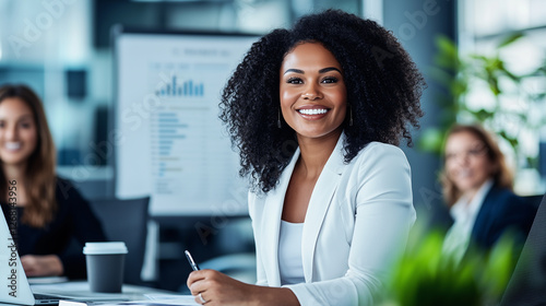 Confident Black, African American Businesswoman Leading Meeting in Conference Room, Team Discussion with Whiteboard and Charts, Networking, Professional Leadership and Strategy.