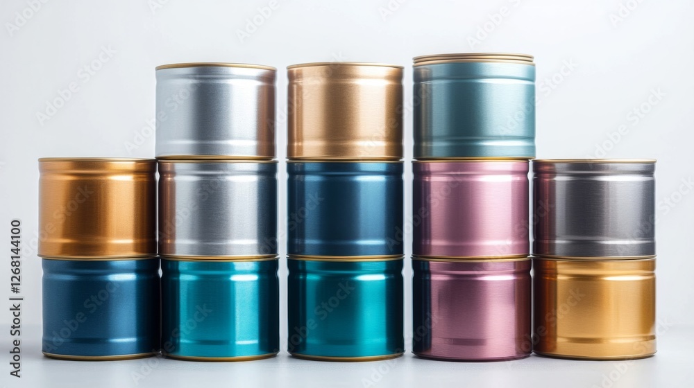 Stacked Metal Cylinder Group in Varying Metallic Colors on White Background