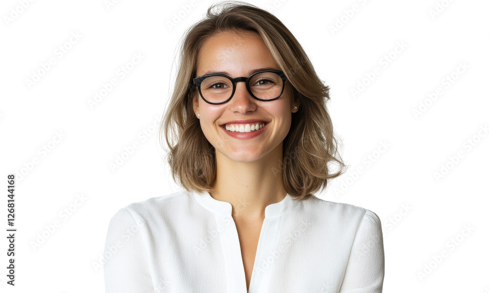 Smiling woman with glasses in a bright, professional setting Smiling woman with glasses in a bright, professional setting