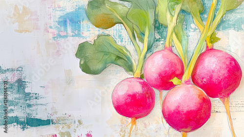 Watercolor Radish Illustration on Textured Brush Background, Hand Painted Vegetable Art, Fresh Organic Food Botanical Concept.