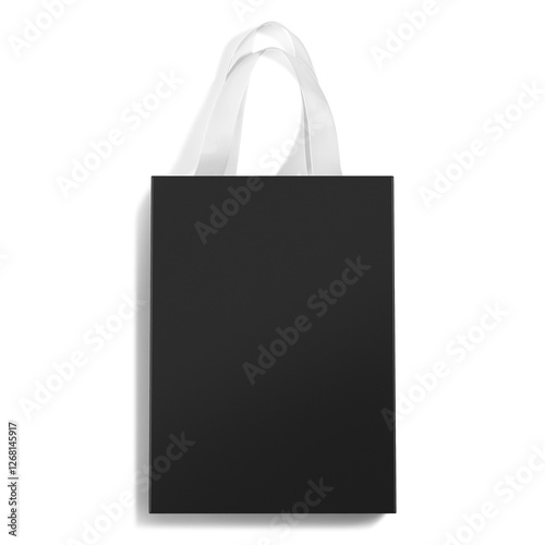 A stylish black paper shopping bag with elegant white ribbon handles, perfect for luxury packaging and branding